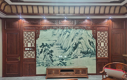 郑州中式仿古别墅客厅背景墙花格木作装饰